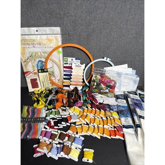 EMBROIDERY THREAD FLOSS CROSS STITCH KIT NEEDLES FABRIC RINGS ETC.  HUGE LOT - Picture 1 of 16